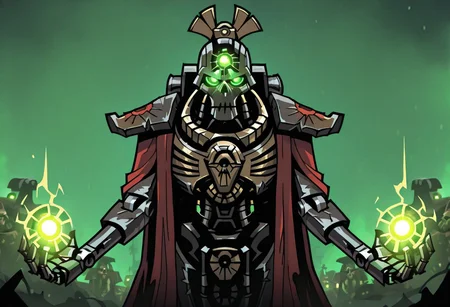 masterpiece, best quality, <break> , solo, 1other, (((necron))), (((glowing))), (((robot))), (((green eyes))), ((warhammer 40000))), 
 looking at viewer, standing, 
(((vanripper))), 
<lora:VanripperIllustriousXL_byKonan:1>