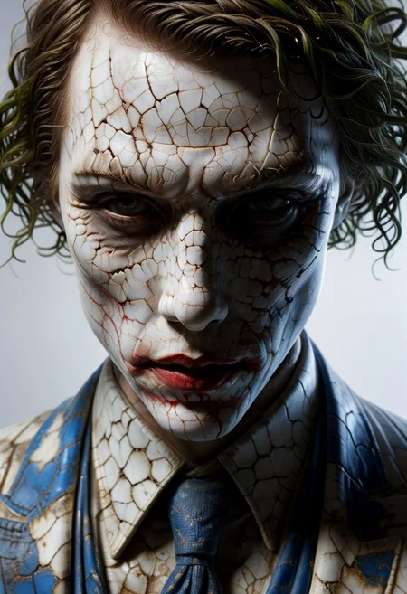 Close-up porcelain face, mysterious silhouette of a porcelain joker in worn down porcelain clothing, white and blue porcelain, alluring goddess, by Minjae Lee, Carne Griffiths, Emily Kell, Steve McCurry, Geoffroy Thoorens, Aaron Horkey, Jordan Grimmer, Greg Rutkowski, amazing depth, double exposure, surreal, geometric patterns, intricately detailed, bokeh, perfect balanced, deep fine borders, artistic photorealism , smooth, great masterwork by Suiras <lora:add-detail-xl:2> <lora:Double_Exposure:0.5>