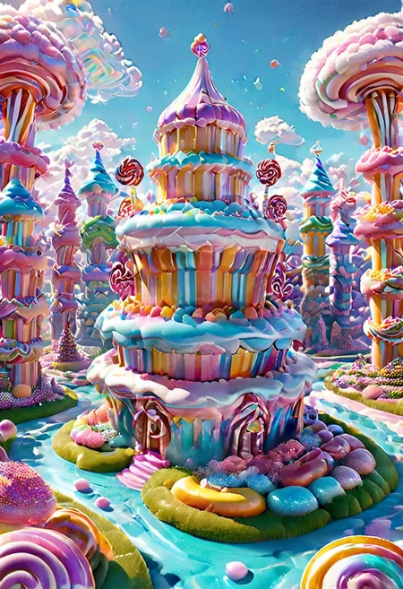a gigantic labyrinth , towers, white, grass,floating island, multicolored clouds, castle on top of floating island, Candy