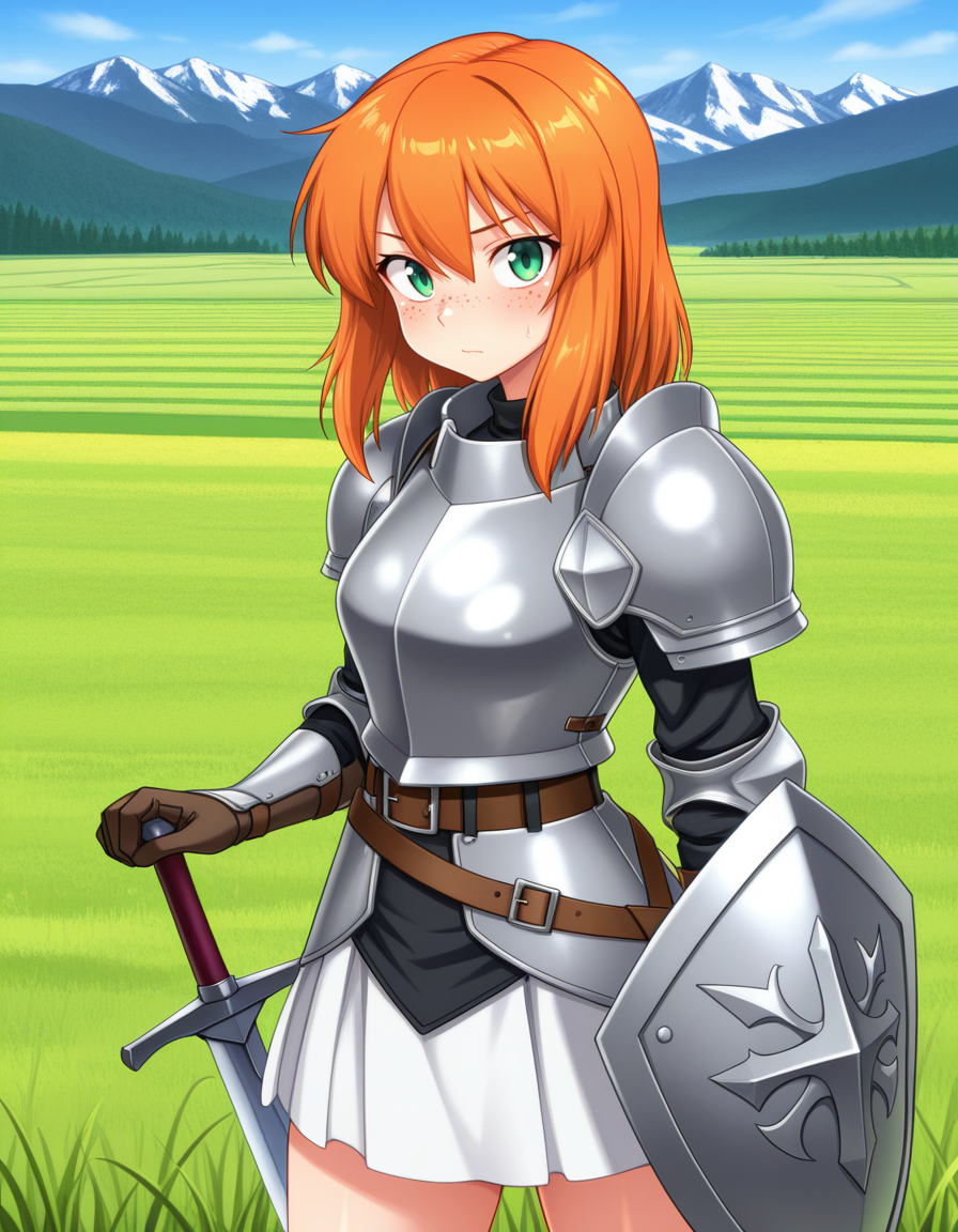(3nnu1),  <lora:1_illu_ennui_18e:1>, 1girl, armor, sword and shield, skirt, freckles, orange hair, medium hair, green eyes, field, mountains, (masterpiece, best quality, amazing quality),