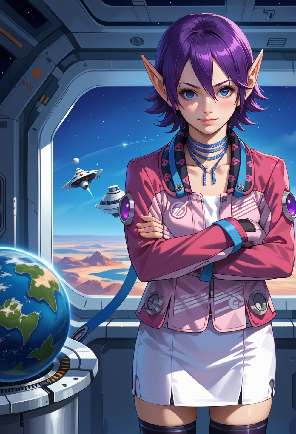 score_9, score_7_up, source_anime, solo, BREAK <lora:AEKaren:0.9> AEKaren, blue eyes, purple hair, hair between eyes, short hair, long pointy ears, ribbon choker, jacket, long sleeves, purple fingerless gloves, pencil skirt, black thighhighs, zettai ryouiki, shoes,
 science fiction, window, spacecraft, space, standing, multiple planet, light smile, portrait, starry sky, crossed arms,