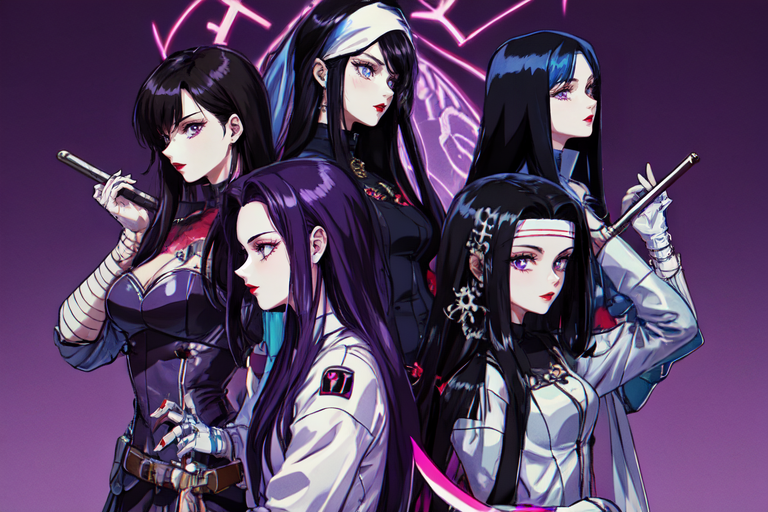 highly insanely detailed, masterpiece, top quality, best quality, highres, 4k, 8k, RAW photo, (very aesthetic, beautiful and aesthetic),  
beth_\(megami_tensei\),bethsmtii,shin megami tensei ii,long hair,black hair,straight hair,sleek black,jewelry,cross,headband,red_lipstick,white footwear,katana,sword,Tokyo_Millennium,post-apocalyptic_city,dystopian_world, 
<lora:zs_Beth:0.3>, 
(1girl:1.3), 1other, 
(pure purple background,transparent background:1.2),âââ