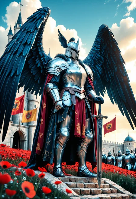 SmoothNoob_Quality, Digital painting, majestic, winged knight, gleaming full plate armor, large dark blue wings, draconic wings, standing, field of red poppies, white flowers, holding a longsword, planted long sword, hands on hilt, vibrant red banners, Spanish-style coat of arms, golden stars, white castle behind, army of knights, bright blue sky, clouds, heroic, dynamic lighting,<lora:Smooth_Booster_v3:0.5>