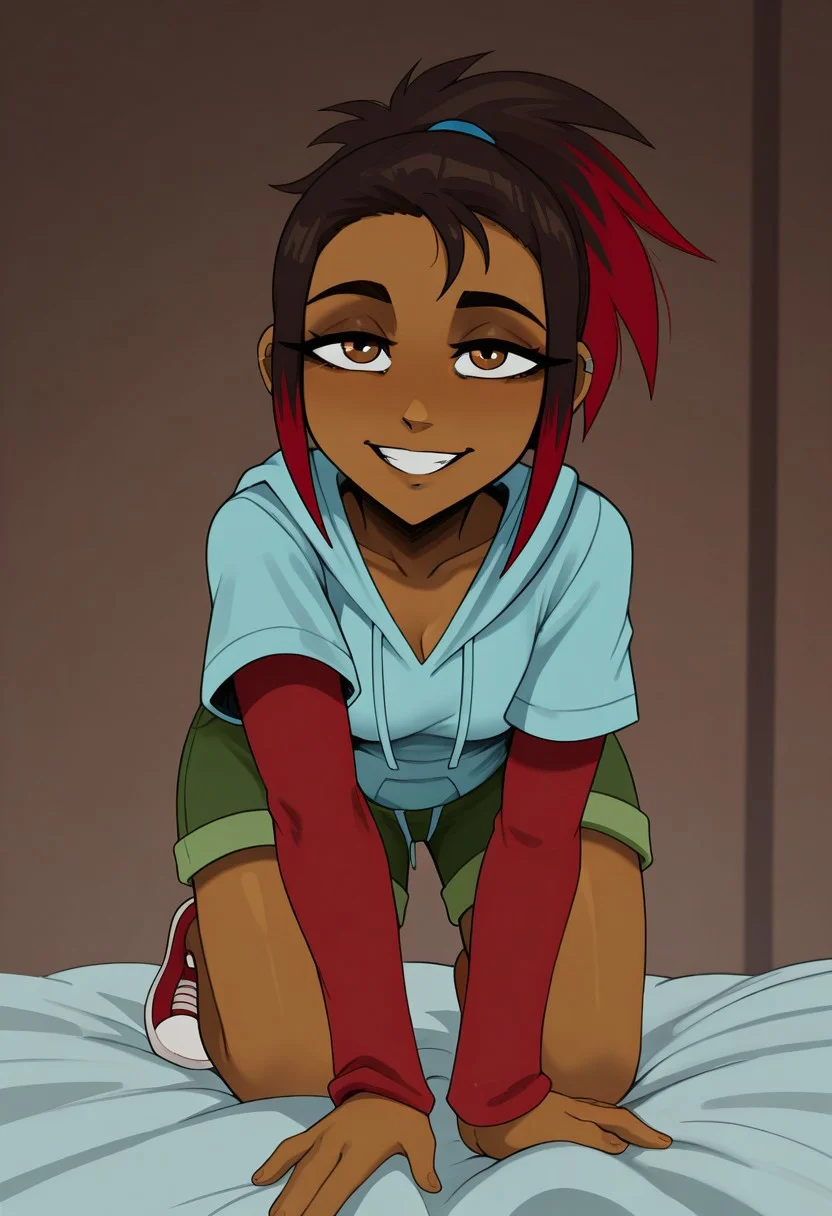 nyuunstyle, easynegative, smile, looking at viewer, smiling, seductive, teasing, flirting, grin, crawling onto bed, 1zzie_SciG1rls, 1 girl, solo, multicolored hair, brown skin, brown eyes, blue hoodie, red sleeves, green shorts, red shoes,,