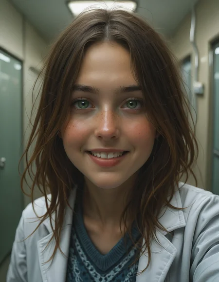 score_9, Stable_Yogis_Illustrious_Positives, selfie phot BREAK 19yo Czech female, with jetblack straight hair, green eyes, freckled face BREAK in labcoat, blue sweater, BREAK indoors, hospital, window, dynamic pose, BREAK natural light, ray tracing, natural shadows, (edge detection, detailed photo,closeup, detailed face, insane details:1.4), (detailed background, top quality, best quality:1.4), BREAK happy female, cheerful female, smiling to viewer, best faces, best hands, perfect hands, cinematic lighting, cinematic shadows <lora:add-detail-xl:1.4> <lora:RealisticIL:1>