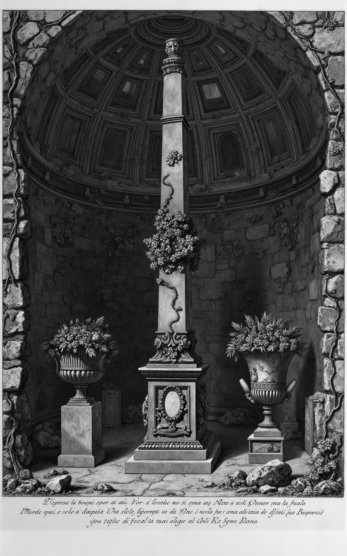 YFG-Pira. Large title in the lower center with the text }YFG Piranese", Generate an etching-style image of a dimly lit, abandoned courtyard featuring a worn, weathered obelisk at its center, surrounded by crumbling stone walls and overgrown with twisted vines, with two ornate flower pots with broken handles placed atop nearby pedestals, one containing a wilting bouquet of dried flowers and the other an empty vase, all rendered in deep, rich grays and dark browns with subtle texture and depth cues reminiscent of Giovanni Battista Piranesi's masterful etchings.