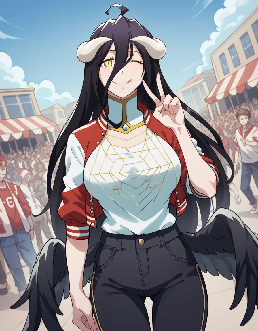 score_9, score_8_up, score_7_up, source_anime, <lora:overlord-albedo-s1s2-ponyxl-lora-nochekaiser:1>, albedo, ahoge, black hair, horns, long hair, yellow eyes, large breasts,, <lora:letterman-jacket-ponyxl-lora-nochekaiser:1>, letterman jacket, jacket,, outdoors, crowd, people, v, v over eye, one eye closed, tongue out, smile, beanie, pants, open clothes, open jacket,, cowboy shot, solo, looking at viewer, dutch angle,