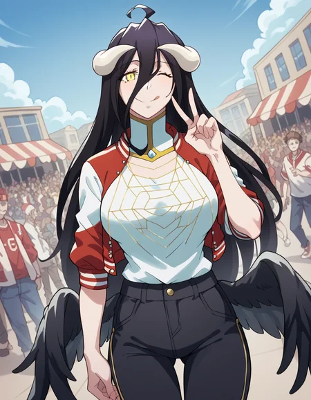 score_9, score_8_up, score_7_up, source_anime, <lora:overlord-albedo-s1s2-ponyxl-lora-nochekaiser:1>, albedo, ahoge, black hair, horns, long hair, yellow eyes, large breasts,, <lora:letterman-jacket-ponyxl-lora-nochekaiser:1>, letterman jacket, jacket,, outdoors, crowd, people, v, v over eye, one eye closed, tongue out, smile, beanie, pants, open clothes, open jacket,, cowboy shot, solo, looking at viewer, dutch angle,