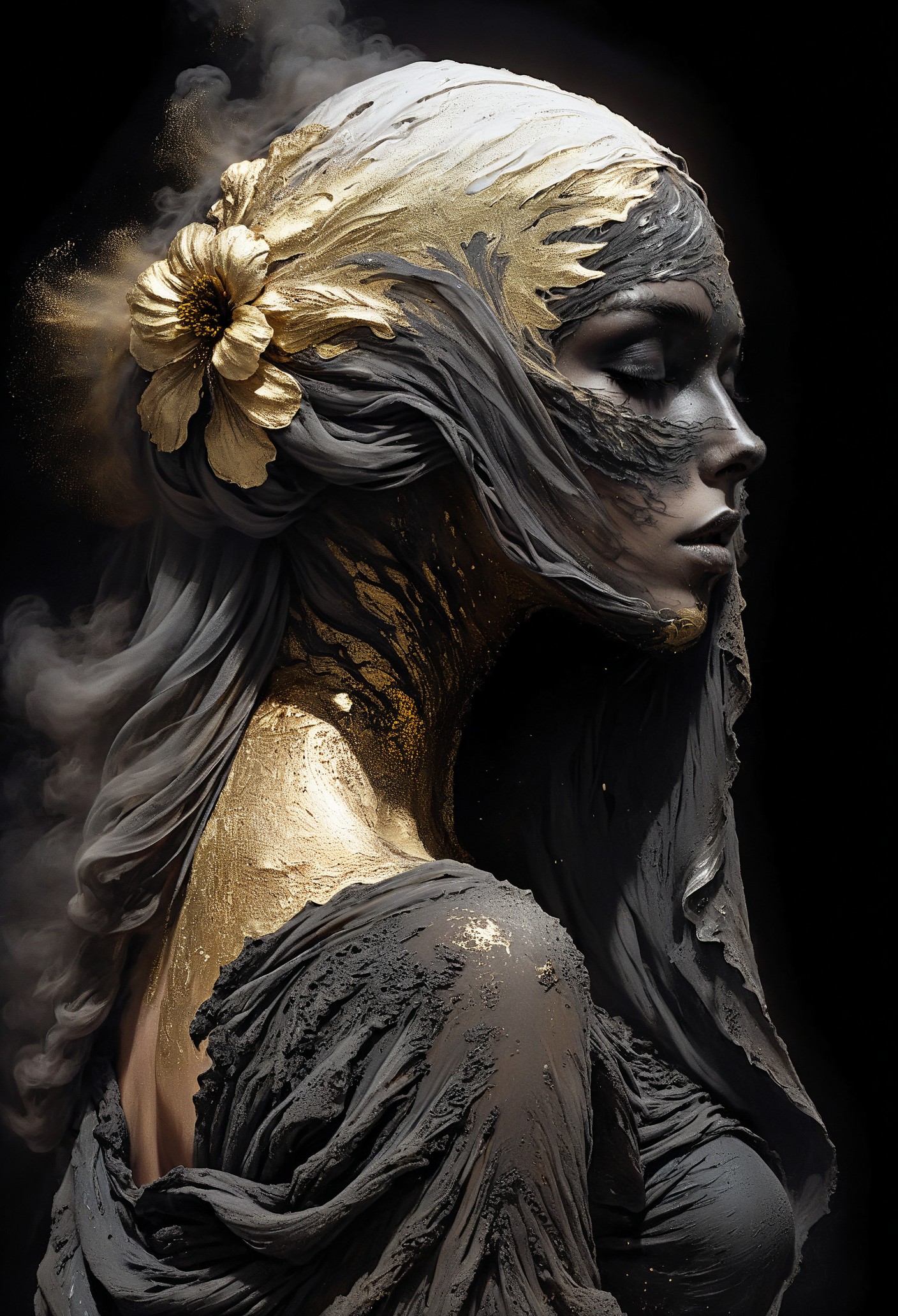 illustration of a flower, beautiful woman, (side view, back view:1.1), elegant, seductive, otherworldly, mysterious, covered face, ash veil, molten plastic, abstract, black plastic, white plastic, galactic dusk, gold particles, thin black shirt, dark, (motel lava:1.2), smoke  <lora:add-detail-xl:0.7> <lora:xl_more_art-full_v1:0.7>  <lora:sdxl/nicola_samori_dark_art_style:0.7> in the style of Nicola Samori