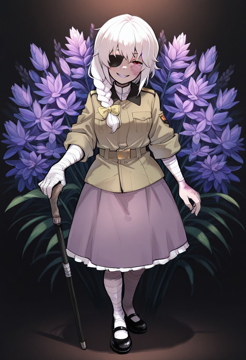 masterpiece, best quality, aesthetic, colorful, BREAK, 1girl, solo, (tall, slanted eyes, red eyes, black plain eye patch, white hair, braid, hair over shoulder, (Hyacinth flower in hair:1.1), khaki military jacket, rolled sleeves black belt, gold buckle, frilly skirt, closed jacket, white shirt collar, purple skirt, (scars, burn scars,) bandages over neck, bandages over arms, bandages over legs, leg wraps, mary janes, black footwear, cane), standing, grin, leaning on cane, full body, floral background, Hyacinth background