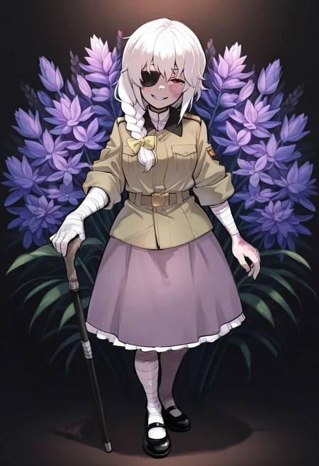 masterpiece, best quality, aesthetic, colorful, BREAK, 1girl, solo, (tall, slanted eyes, red eyes, black plain eye patch, white hair, braid, hair over shoulder, (Hyacinth flower in hair:1.1), khaki military jacket, rolled sleeves black belt, gold buckle, frilly skirt, closed jacket, white shirt collar, purple skirt, (scars, burn scars,) bandages over neck, bandages over arms, bandages over legs, leg wraps, mary janes, black footwear, cane), standing, grin, leaning on cane, full body, floral background, Hyacinth background