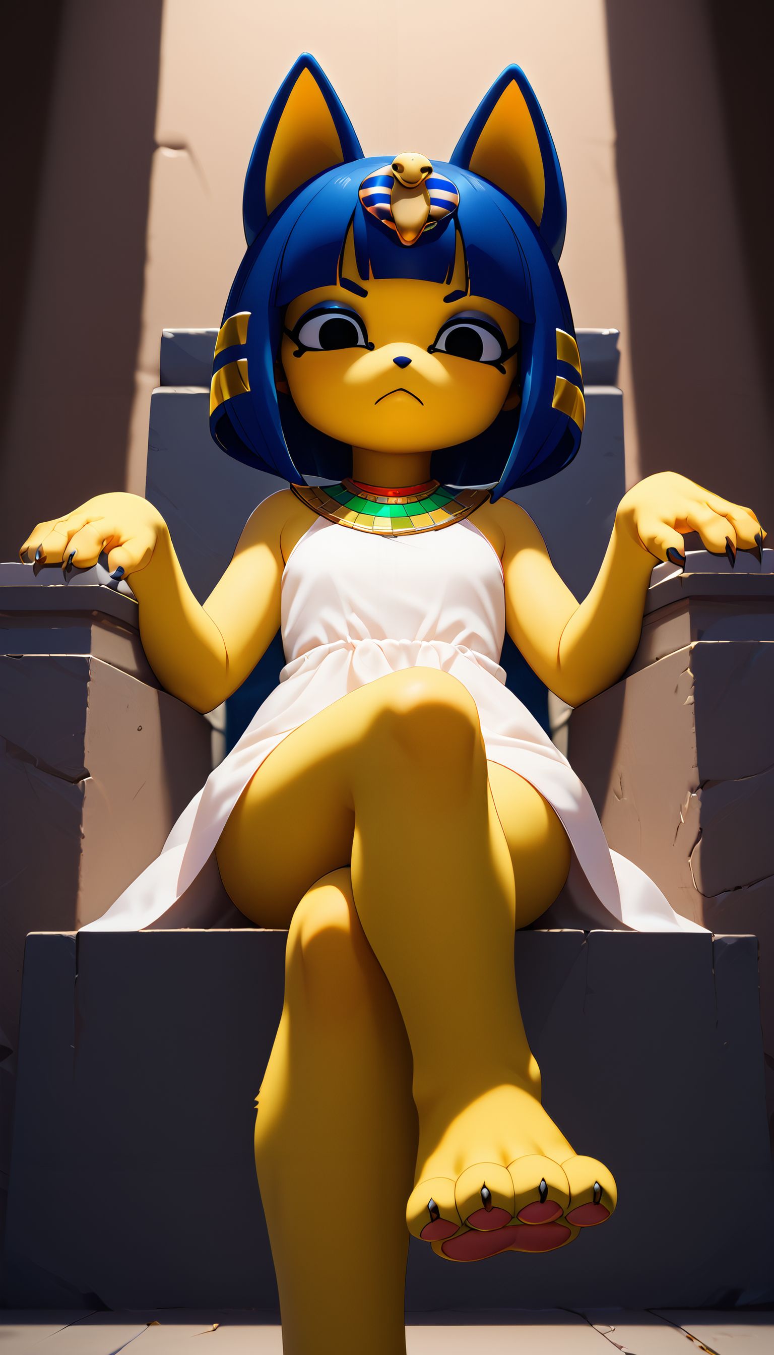 zPDXL3,  <lora:LunarCAT_Style:.8>, sitting, cross legged, foot focus, from below,  <lora:Sitting_Cross_Legged_r1:.8>,
ankha from animal crossing, black eyes, yellow fur,. cat ears, head ornament, white dress, cat tail, paws, looking at viewer, serious, on throne,