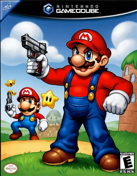 GCNBOXArt,  score_9, general, 1boy, Mario, red hat, mustache, blue overalls, red shirt,  holding gun,  <lora:GcnBoxArt__Pony:.9>