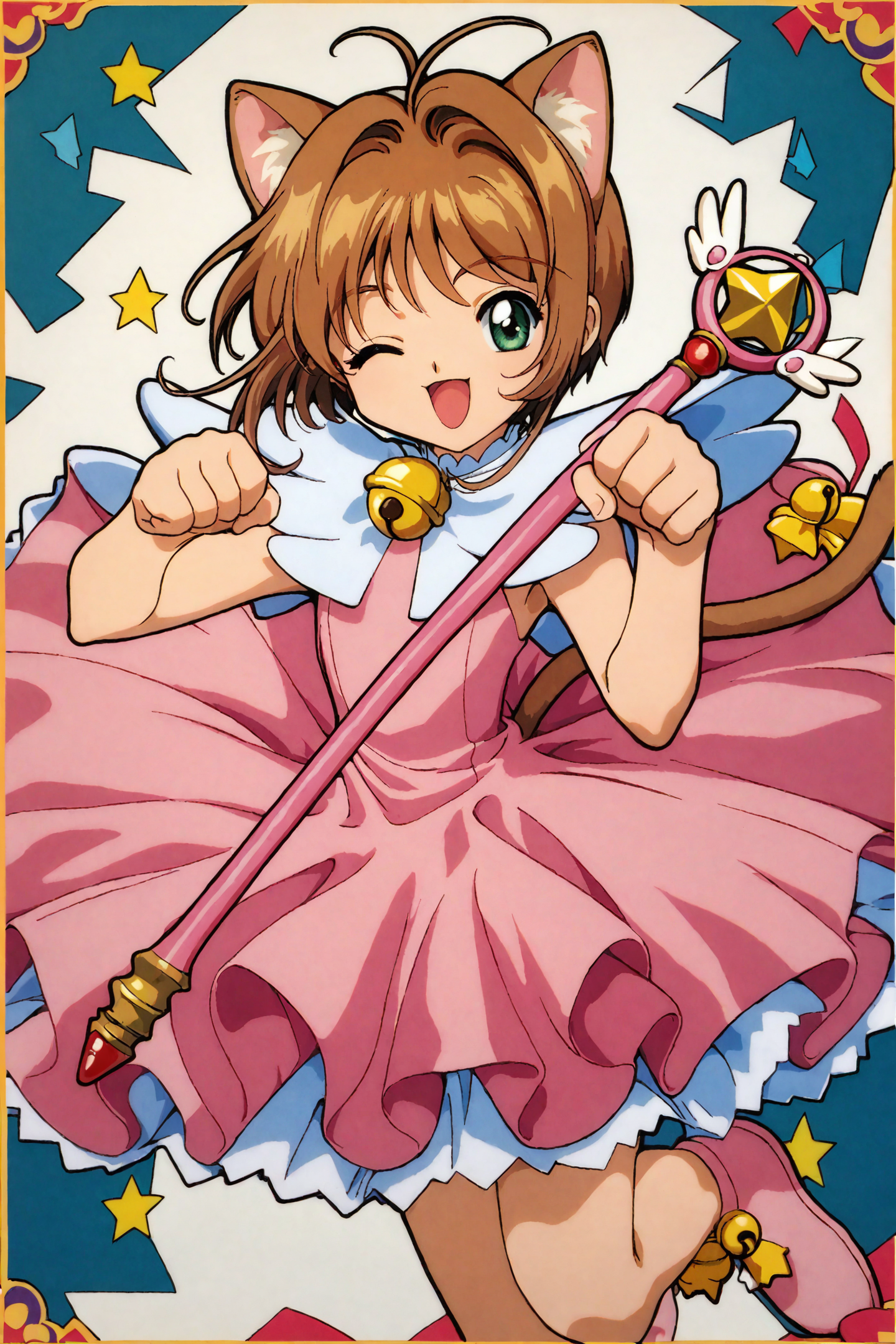 score_9,score_8_up,score_7_up,masterpiece,best quality,
Card Captor Sakura Anime,
1girl,kinomoto sakura,animal ears,one eye closed,cat ears,solo,tail,brown hair,bell,green eyescat tail,magical girl,dress,paw pose,short hair,smile,open mouth,1990s (style),retro artstyle,;d,jingle bell,wand,looking at viewer,pink dress,antenna hair,
<lora:CLAMP_XL_PONY:0.8>,