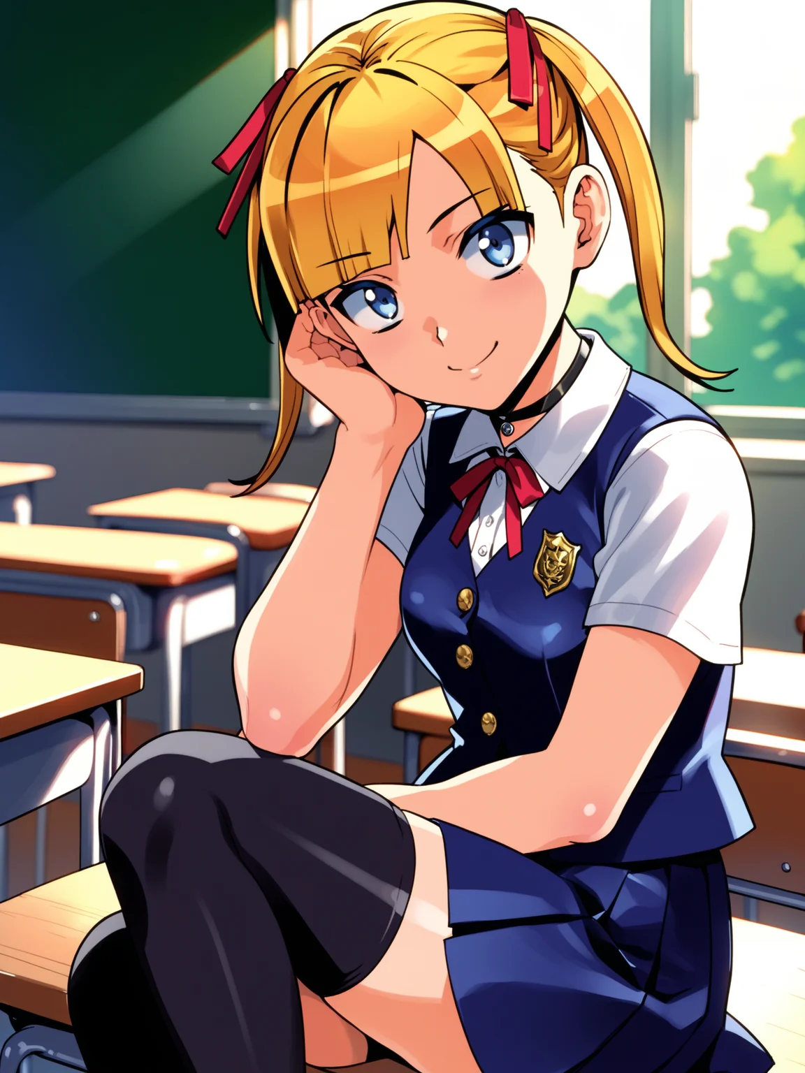 <lora:happy_tentacle-rina-v0.3-000034:0.9>, ht_rina, school uniform, blue vest, short sleeves, blue skirt, pleated skirt, miniskirt, black thighhighs, hair ribbon, red ribbon, black choker, classroom , 1girl, solo, , wide-eyed , ( smile :1.1), , looking at viewer , , from side , score_9, score_8_up, score_7_up, score_6_up, score_5_up, score_4_up