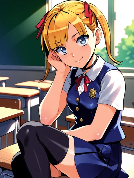 <lora:happy_tentacle-rina-v0.3-000034:0.9>, ht_rina, school uniform, blue vest, short sleeves, blue skirt, pleated skirt, miniskirt, black thighhighs, hair ribbon, red ribbon, black choker, classroom , 1girl, solo, , wide-eyed , ( smile :1.1), , looking at viewer , , from side , score_9, score_8_up, score_7_up, score_6_up, score_5_up, score_4_up