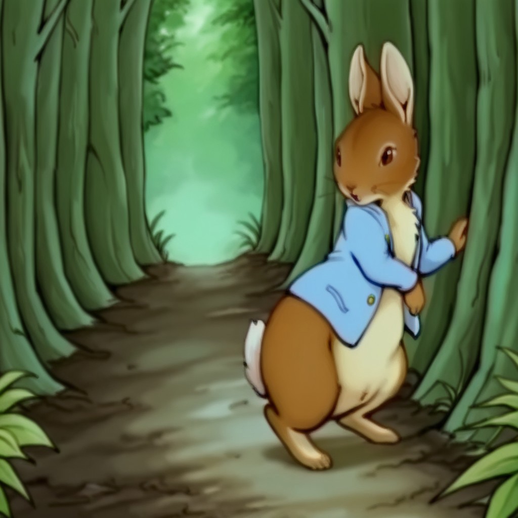 masterpiece, best quality, amazing quality, PeterRbbtil, semi-anthro, male, rabbit_boy, brown fur, brown eyes, blue jacket, barefoot, in forest, standing