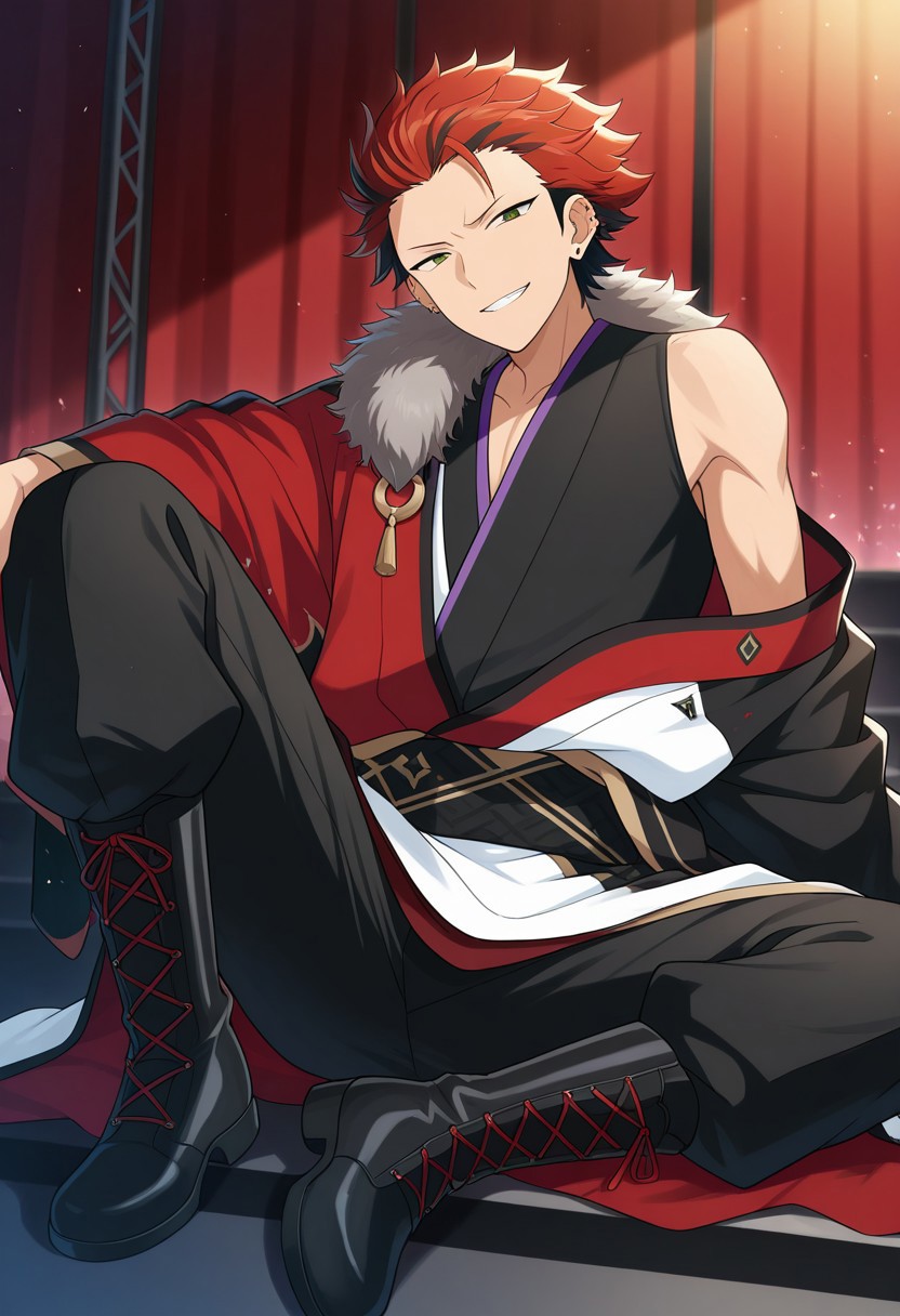 masterpiece,best quality,amazing quality, source_anime, 
kuroooky, 1boy, male focus, solo, green eyes, red hair, multicolored hair, jewelry, earrings, ear piercing, akatsuki uniform, kimono, multicolored kimono, fur trim, single off shoulder, pants, black pants, boots, black footwear, cross-laced footwear,sitting, stage, smile, grin,