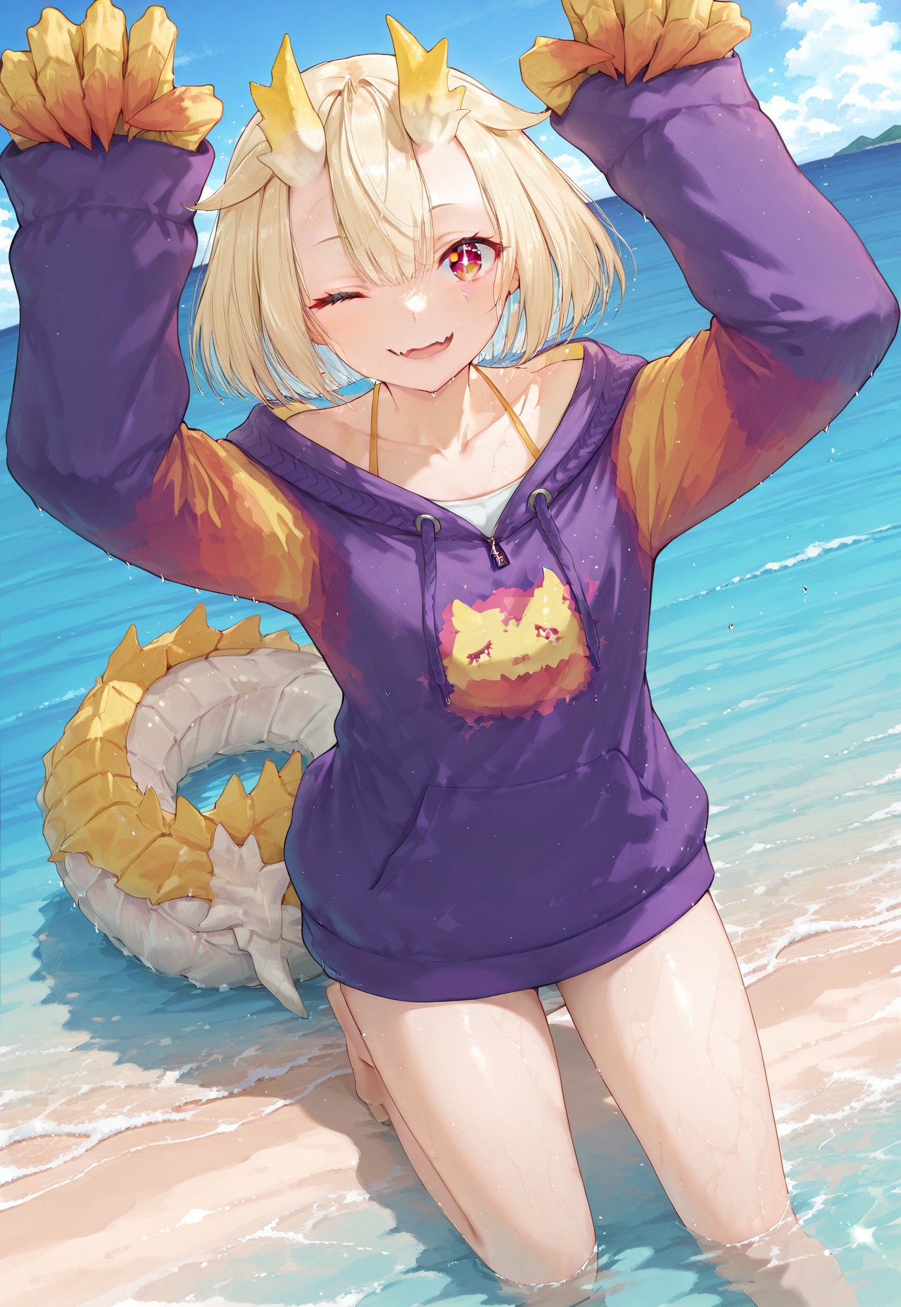 masterpiece, best quality, amazing quality, very detailed,  
UtataneNasa, blonde hair, horns, red eyes, two tone hair,
purple hoodie, claws, tail, foreshortening, sparkling eyes, open mouth, skin fang, beach, water, in water, wet, one eye closed, dutch angle, closed mouth, arms up, looking at viewer, smile