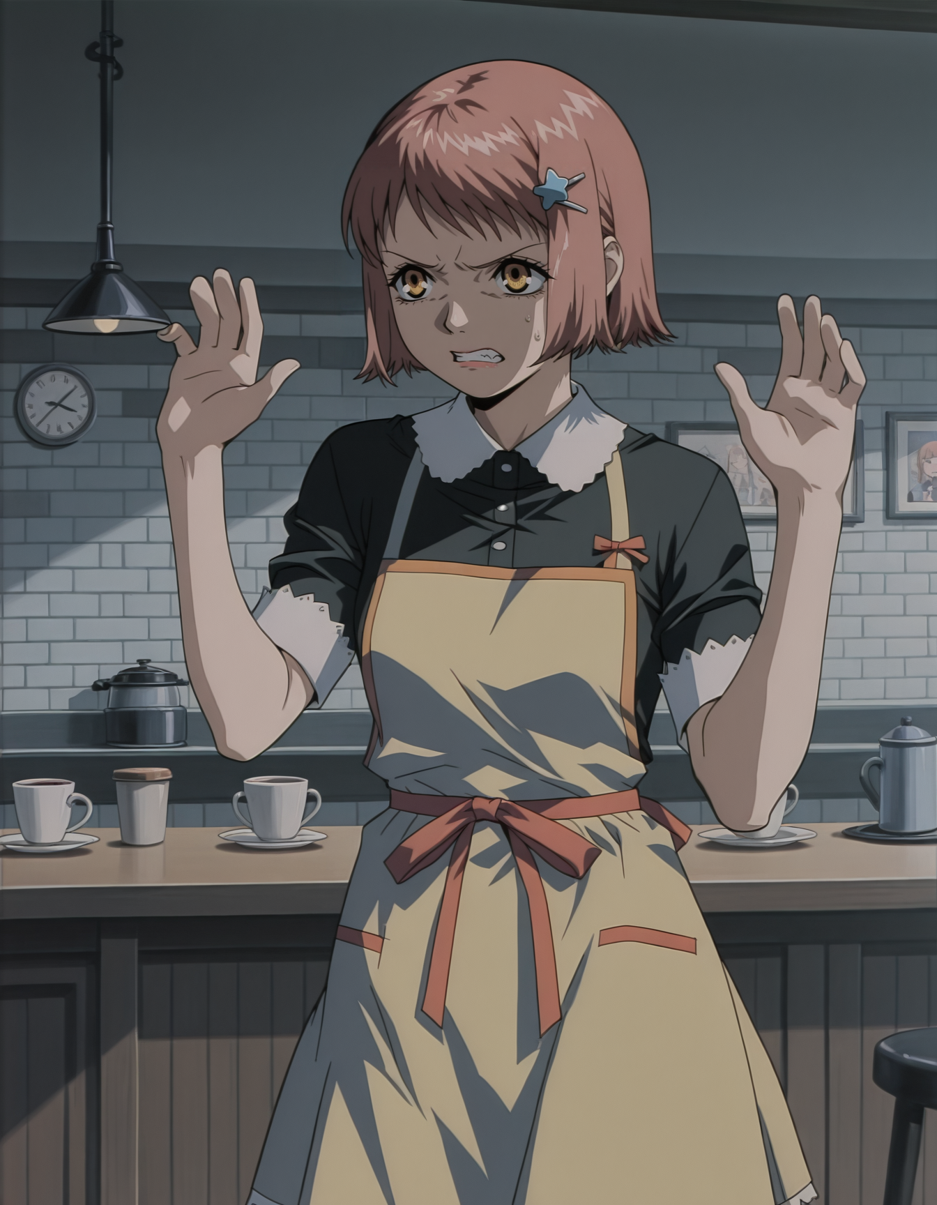 <lora:mikura-noupscale-illustrious-000020:1> mikuraova
hairclip, black dress, yellow apron,
1girl, solo, hands up, annoyed, clenched teeth, cafe, cowboy shot, masterpiece, best quality