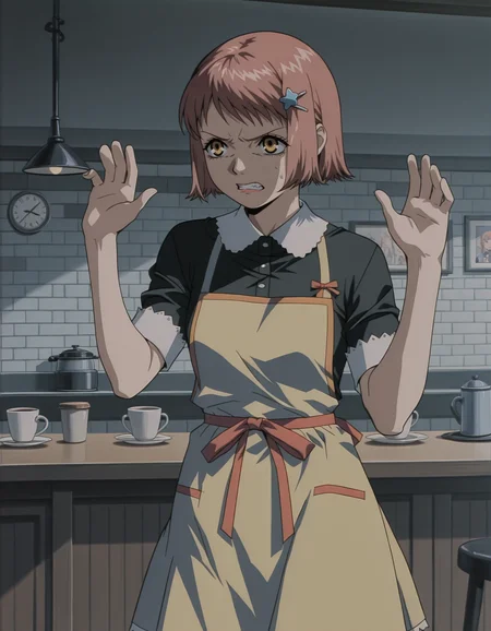 <lora:mikura-noupscale-illustrious-000020:1> mikuraova
hairclip, black dress, yellow apron,
1girl, solo, hands up, annoyed, clenched teeth, cafe, cowboy shot, masterpiece, best quality