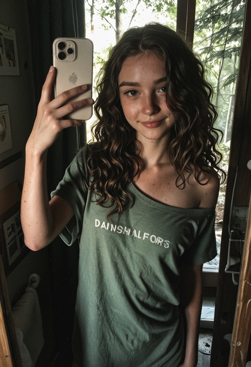 A pic of a playful young woman takes a sultry mirror selfie in her steamy bathroom, biting her lower lip with a knowing smile. She holds her phone with one hand while the other trails down her neck, drawing attention to her collarbone. Her (long, wavy hair:1.4) cascades over bare shoulders, slightly damp from the shower. She wears nothing but an (oversized forest-green t-shirt:1.4) that drapes loosely off one shoulder, barely covering her hips to reveal the curve of her upper thighs.