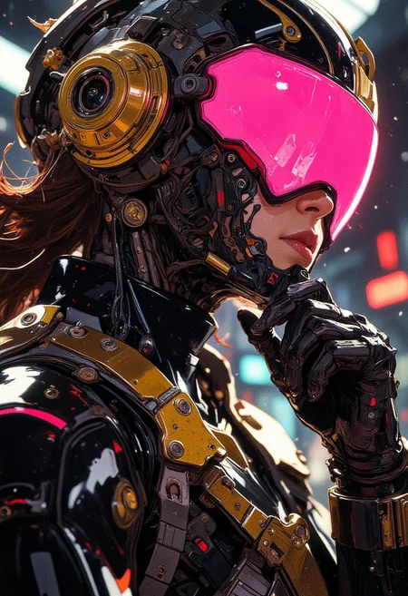 A futuristic cyberpunk female wearing a Judge Dredd-inspired helmet with neon pink and gold accents. Highly detailed black leather jacket with glossy reflections, intricate golden armor and accessories. Sci-fi  art  with cinematic lighting,  and  anime aesthetics. close-up portrait with