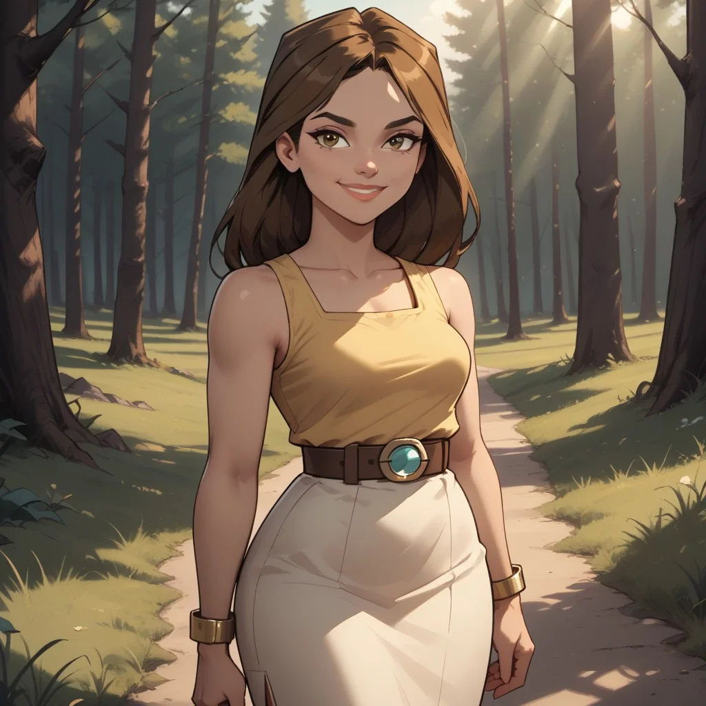 score_9, score_8, BREAK, solo, brown hair, lips, yellow sleeveless top, belt, white skirt, black high heel boots, yellow bracelet, breasts, total drama, Taylor_(Total_Drama), sexy pose, self portrait, smile, outdoors, sunlight, shadows, evening lighting, natural lighting, forest, trees, grass, orange sky, sunset