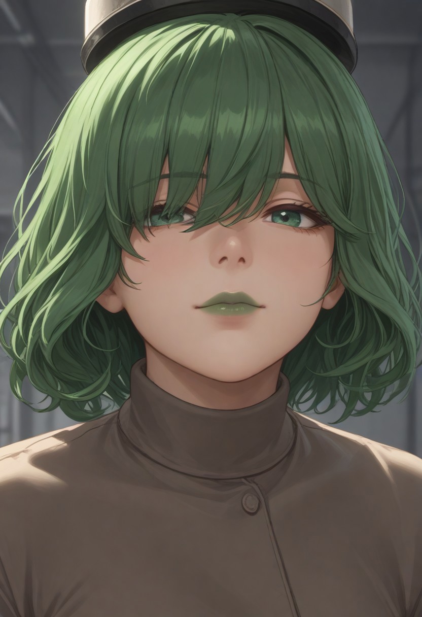 1girl, solo, solo focus, highres, absurdres, CL_Levit, long bangs, hair over eyes, green hair, lipstick, shiny lips, green lips, short hair, wavy hair, tiny hat, mole under mouth, 
looking at viewer, closed mouth, light smile, close-up, face focus,
factory, industrial pipe, stasis tank, dark,
