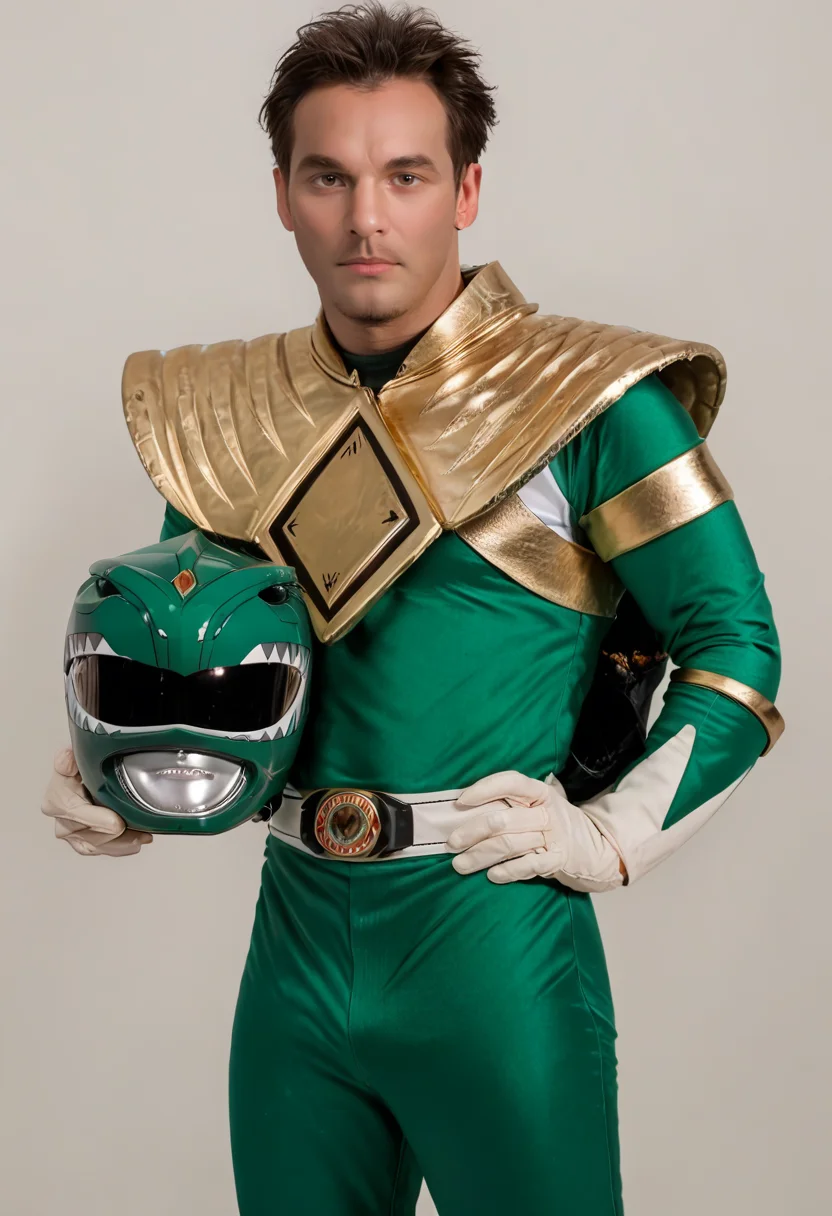 (score_9:0.9),score_8_up,score_7_up,rating_safe,anime style,(zPDXL),<lora:Green Ranger ponyXL v4:0.85>,green bodysuit,source_realistic,realistic,green power ranger,green motorcycle helmet,male focus,1boy,facial hair,solo,white background,white gloves,black hair,holding helmet,simple background,looking at viewer,helmet removed,brown eyes,