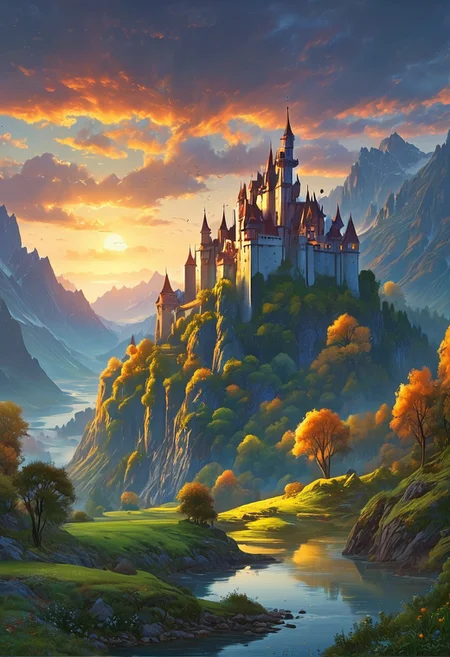 A captivating twilight scene illustration featuring a beautiful magical castle with a great moat and wall and perfect craftsmanship on a  great mountain.   This enchanting artwork captures a serene and peaceful early morning, where the sun is just starting to rise over the beautiful tree covered mountain range and  castle  which   stands resolute amidst the great mountains, creating a cinematic experience., illustration, cinematic
<lora:DonM3t3rn1tyXL-v1.1:0.7>, DonM3t3rn1tyXL,
OverallDetailXL  <lora:MJ52:0.3>  <lora:SDXLFaeTastic2400:0.4>  <lora:EpicF4nta5yXL:0.7>