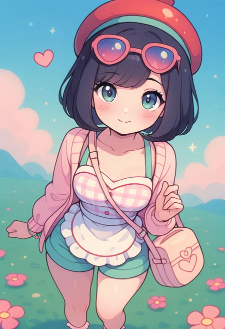 masterpiece, best quality, solo, curvy, beautiful eyes, narrow waist, wide hips, 1girl, solo, smile, looking at viewer, dynamic angle, foreshortening, close up,    zzSelene, 1girl, solo, black hair, green shorts, red headwear, beanie, <lora:SeleneIXL:1.0>,    k4w4iim1r41, cute outfit, pastel clothes,  <lora:KawaiiMirai_IXL:1.2>, [Strawberry Picnic Sweetie], pink gingham sundress, frilly apron overlay, heart-buttoned cardigan, lace-trimmed ankle socks, strawberry beret, crossbody wicker bag, rose-tinted sunglasses, cherry charm bracelet, picnic basket, flower field blanket, sun-dappled meadow, open sketchbook, shy expression, soft curls,