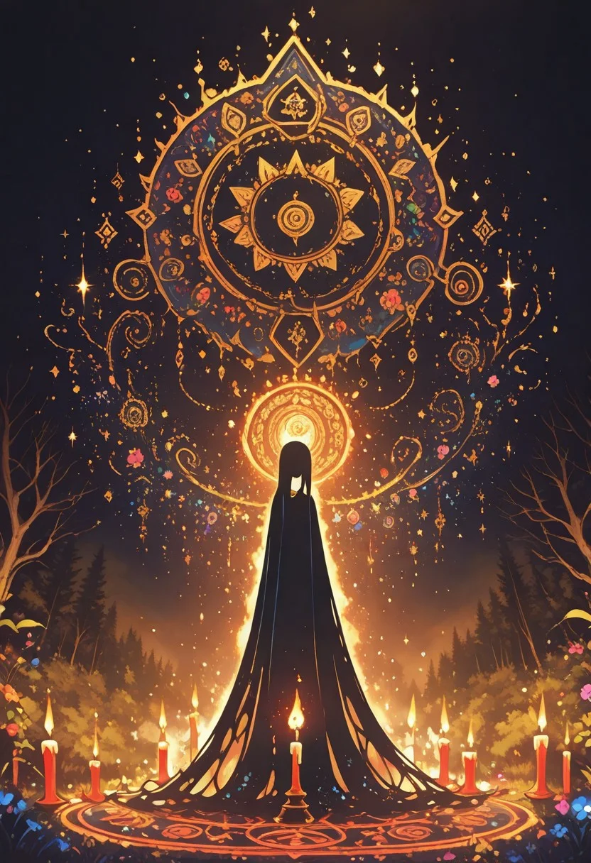 masterpiece, best quality ,amazing quality, Bright_illu, sparkle, too many light particles, psyc0d3l1c, Protoneon, sometyome_illu,
flowers, stars, middle of a forest, summoning circle, candles, ritual, back of powerful shaman, hidden face and arms, flowing dress