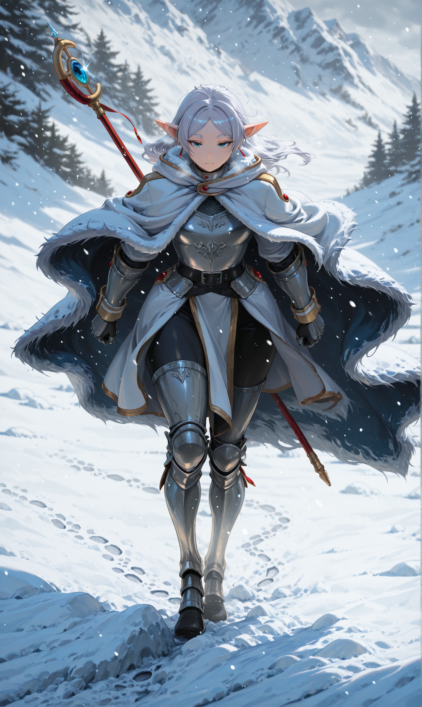 masterpiece, best quality, amazing quality, [from side::3], 1girl, knight, hair, eyes, full plate armor, heavy fur cloak, pauldrons, breastplate, gauntlets, greaves, cuisses, faulds, chainmail, sheathed, hood, frieren, sousou no frieren, outdoors, walking, (snowy mountain pass:1.0), harsh blizzard, strong wind, snow-covered rocks, ice crystals in air, deep snow, (footprints in snow:0.9), frozen breath, misty background, overcast sky, (dark shadows:0.7), (high contrast:0.7), dynamic pose, volumetric lighting, intricate details, blurry background, depth of field <lora:spo_sdxl_10ep_4k-data_lora_webui:1.0> <lora:illustriousXL_stabilizer_v1.23:0.7000000000000001> <lora:illustrious_quality_modifiers_masterpieces_v1:0.6> <lora:klskx_wai:0.7000000000000001>