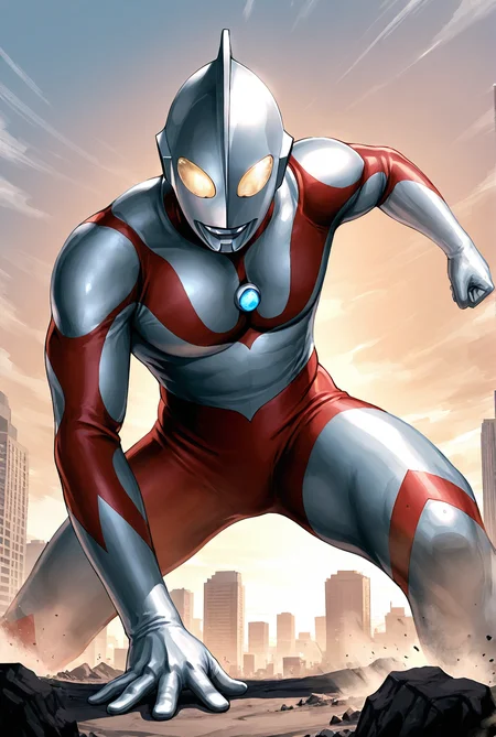 score_9,score_8_up,score_7_up,best quality,ultra-detailed,high resolution,digital painting,8k,1boy,solo,cowboy shot,male focus,bara,detailed face,tokusatsu,alien,bodysuit,yellow eyes,no humans,spread legs, superhero landing,giant,sky,cityscape,<lora:add-detail-xl:1>,<lora:Ultraman:0.7>,ultraman,