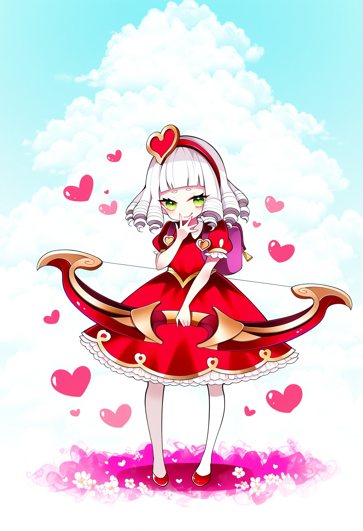 (masterpiece:0.5) scenery,
annie \(league of legends\), sweetheart annie, league of legends,  usagi \(3828164\), (official art,:0.6)  1girl, solo, looking at viewer, short hair, bangs, dress, closed mouth, hearts, hearts in background, hearts in foreground, green eyes, standing, full body, white hair, short sleeves, hairband, outdoors, frills, shoes, day, puffy sleeves, blunt bangs, bag, puffy short sleeves, shadow, drill hair, holding bow \(weapon\), hand over own mouth, laughing, smug, red dress, backpack, red footwear, twin drills,  randoseru,  white pantyhose,