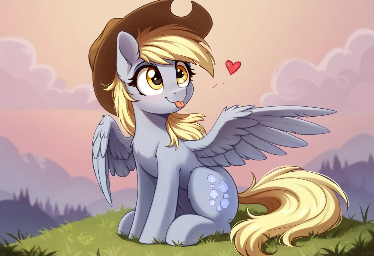 score_9, score_8_up, score_7_up, score_6_up, score_5_up, score_4_up, rating_safe, derpy hooves, female, mare, pegasus, pony, solo, :p, cowboy hat, cute, hat, heart, high res, sitting, stetson, wings, tongue out, derpabetes, floating heart, g4, detailed, beautiful, <lora:Wholesome-MLP-v1.3b:1>