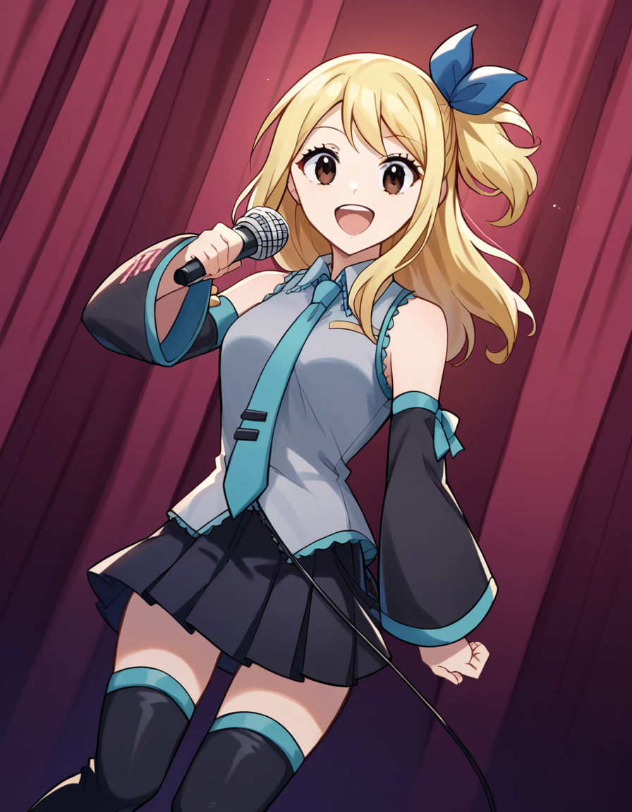 score_9, score_8_up, score_7_up, source_anime, lucyheartfilia, <lora:lucy-heartfilia-s7-ponyxl-lora-nochekaiser:1>, lucy heartfilia, blonde hair, brown eyes, long hair, one side up, ribbon, hair ribbon, blue ribbon,, <lora:hatsune-miku-cosplay-ponyxl-lora-nochekaiser:1>, hatsunemikucosplay, hatsune miku \(cosplay\), aqua necktie, black footwear, black skirt, black sleeves, boots, collared shirt, detached sleeves, grey shirt, necktie, pleated skirt, shirt, skirt, sleeveless, sleeveless shirt, thigh boots, tie clip,, stage, stage lightings, singing, microphone, holding microphone, open mouth, smile,, cowboy shot, dutch angle,
