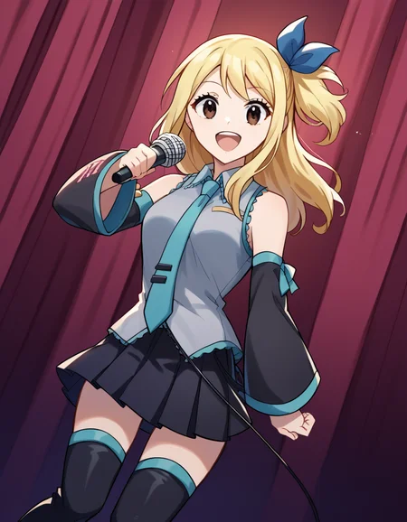score_9, score_8_up, score_7_up, source_anime, lucyheartfilia, <lora:lucy-heartfilia-s7-ponyxl-lora-nochekaiser:1>, lucy heartfilia, blonde hair, brown eyes, long hair, one side up, ribbon, hair ribbon, blue ribbon,, <lora:hatsune-miku-cosplay-ponyxl-lora-nochekaiser:1>, hatsunemikucosplay, hatsune miku \(cosplay\), aqua necktie, black footwear, black skirt, black sleeves, boots, collared shirt, detached sleeves, grey shirt, necktie, pleated skirt, shirt, skirt, sleeveless, sleeveless shirt, thigh boots, tie clip,, stage, stage lightings, singing, microphone, holding microphone, open mouth, smile,, cowboy shot, dutch angle,