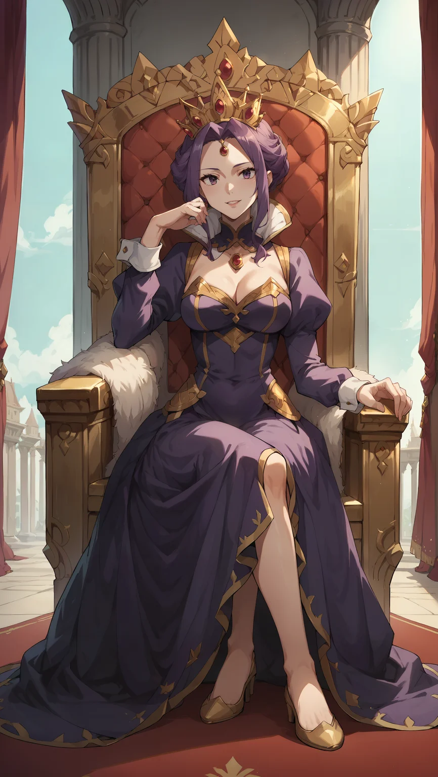 score_9,score_8_up,score_7_up,score_6_up, source_anime, zPDXL, <lora:Mirelia Q - Pony:0.7>, woman, purple hair, purple eyes, crown, purple dress, gold details, long sleeves, royal dress, high collar, puffy sleeves, <lora:Wakfu_CartoonV02:0.5>, <lora:xl_more_art-full_v1:0.5>, bunny pose, smile, parted lips, golden throne, throne room, curtains, pillars, red carpet, great hall,