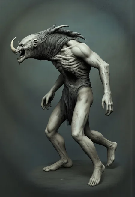 aidmaMJ6.1, Made out of paper, a PaperStyle , d4artstyle, d4concept, , d00mstyle, made of clay, ZBClay model of a gray sculpture
A grotesque and nightmarish creature with a distorted, elongated body. Its form is gaunt, with sinewy muscles and patches of ragged fur hanging from its emaciated frame. The creature's head is a disturbing mix of beast and primate, featuring a gaping maw filled with sharp, jagged teeth and a pair of large, curved tusks protruding from its lower jaw. Its hollow, piercing eyes emit a sense of malevolence, while matted, black fur drapes from its neck like a twisted mane. The creature's elongated neck curves unnaturally, giving it a serpentine appearance, and the back is hunched with prominent ridges along the spine. The legs are spindly and appear unstable, adding to its unsettling appearance. Its design evokes a blend of demonic horror and predatory menace, with an emphasis on grotesque and eerie details.
Background solid color with a faded dimly lit, fog-covered darkness tone that emphasizes its silhouette.
The medium is not a traditional painting or illustrative medium like watercolor or ink but rather a digital rendering, eerie and unsettling.
