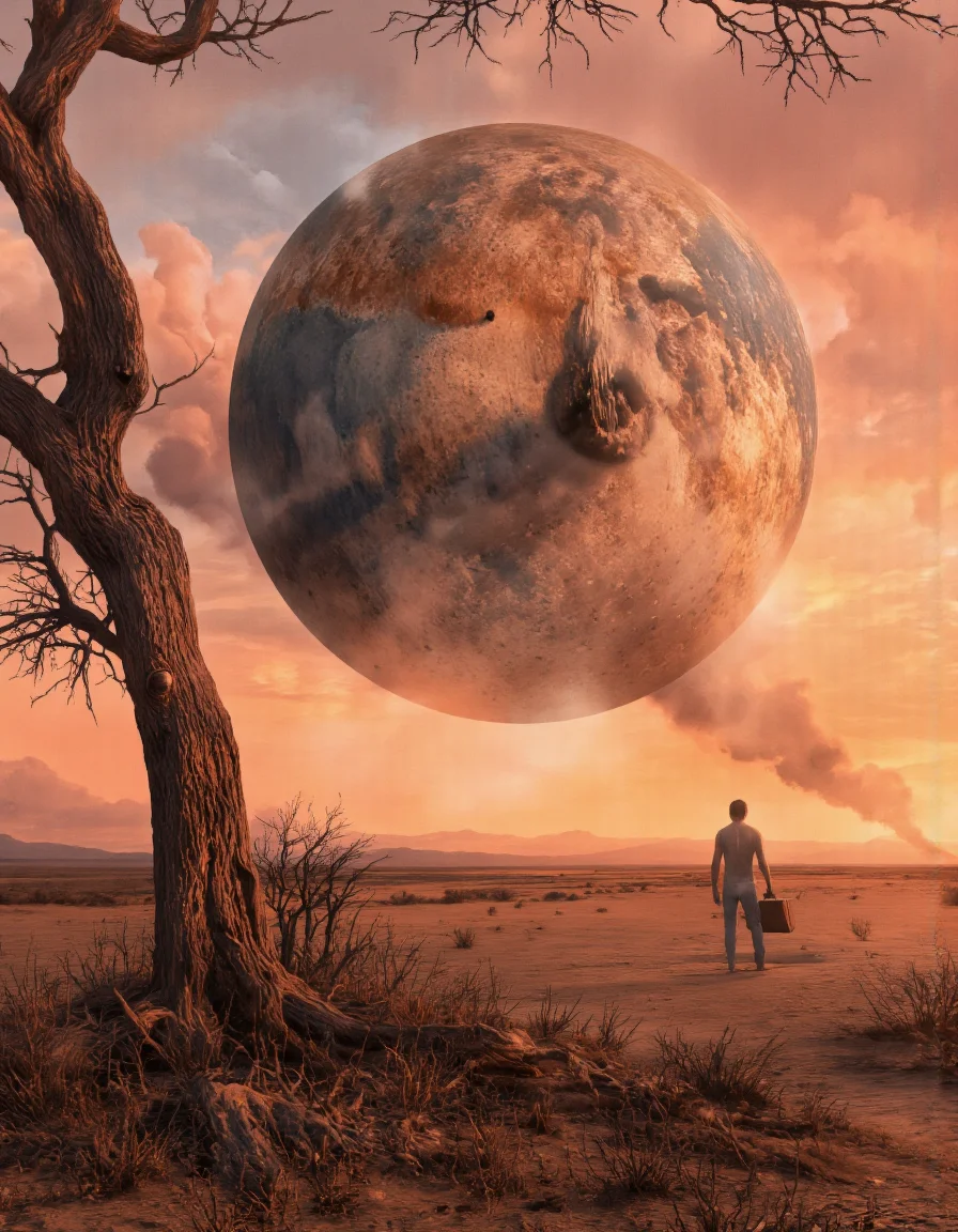 Art by Col Price & Alexey Egorov.
A surreal digital illustration shoot from below depicts a surreal scene with a large spherical object floating above a barren landscape during sunset. The image also shows a solitary tree in the foreground. On the right side of the image, a lone person stands in the desert, facing the viewer, with a suitcase in hand. The person appears to be a young adult, without clothes or pants, and is wearing no shoes or accessories. They are standing in a desert landscape with sparse vegetation. In the background, the sky is filled with vibrant orange and pink hues, and distant mountains can be seen in the distance. The large circular object is suspended in the air, with smoke and light emanating from it, giving it a sense of depth and dimensionality.