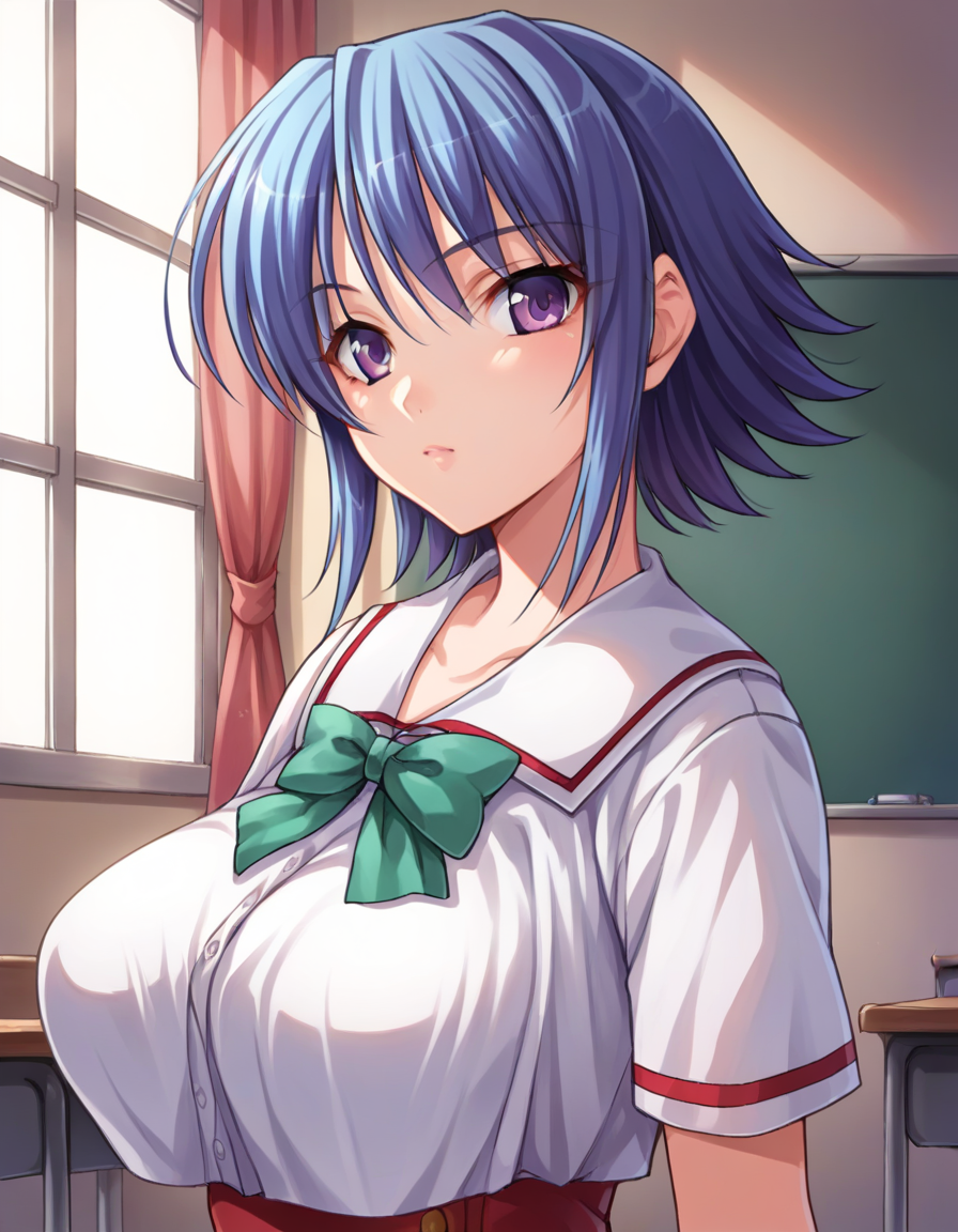 solo,1girl,<lora:hikawa_mirei-000006:0.8>,h_mirei,blue hair,purple eyes,large breasts,school uniform,portrait,face-to-face,classroom,, score_9, score_8_up, score_7_up, score_6_up, score_5_up, score_4_up, BREAK source_anime,