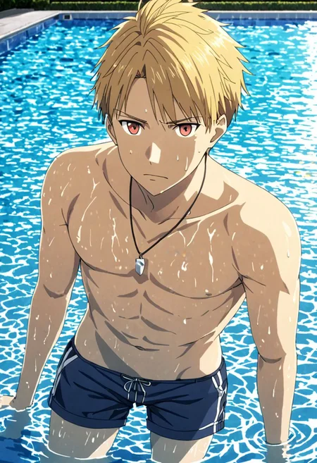 high resolution, solo, best quality, 1Boy, Yamato Ishida, Blond Hair, Necklace, swimming pool, swim, shirtless, sixpack, shorts, looking at viewer, OverallDetail