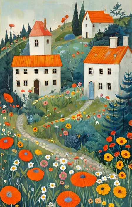 masterpiece,best quality,<lora:tbh143-sdxl:0.7>,patten,computer,flowers,illustration,style of Alice Provensen,
