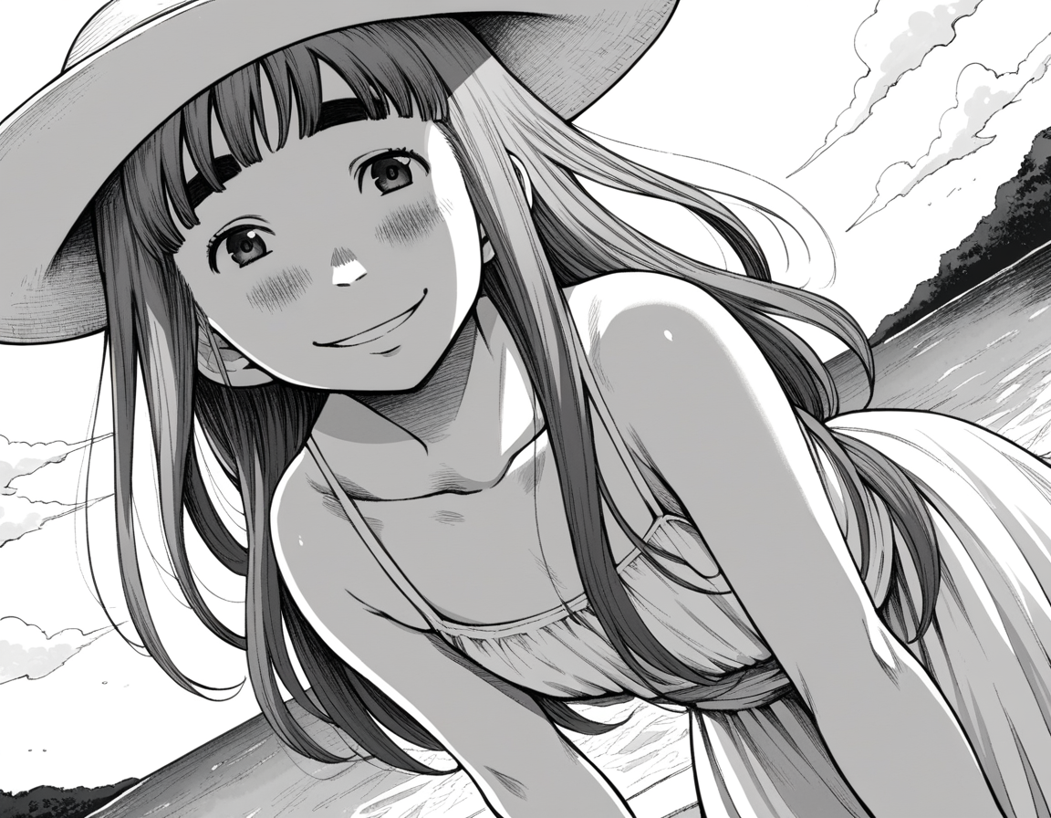 score_9, score_8_up, score_7_up, source_anime,
aikotanaka, <lora:aiko-tanaka-manga-ponyxl-lora-nochekaiser:1>,
aiko tanaka, long hair, bangs, thick eyebrows, blush, greyscale, monochrome,
dress, white dress, collarbone, bare shoulders, sundress, sun hat,
outdoors, beach, bent over, smile,
looking at viewer, cowboy shot, solo, dutch angle,