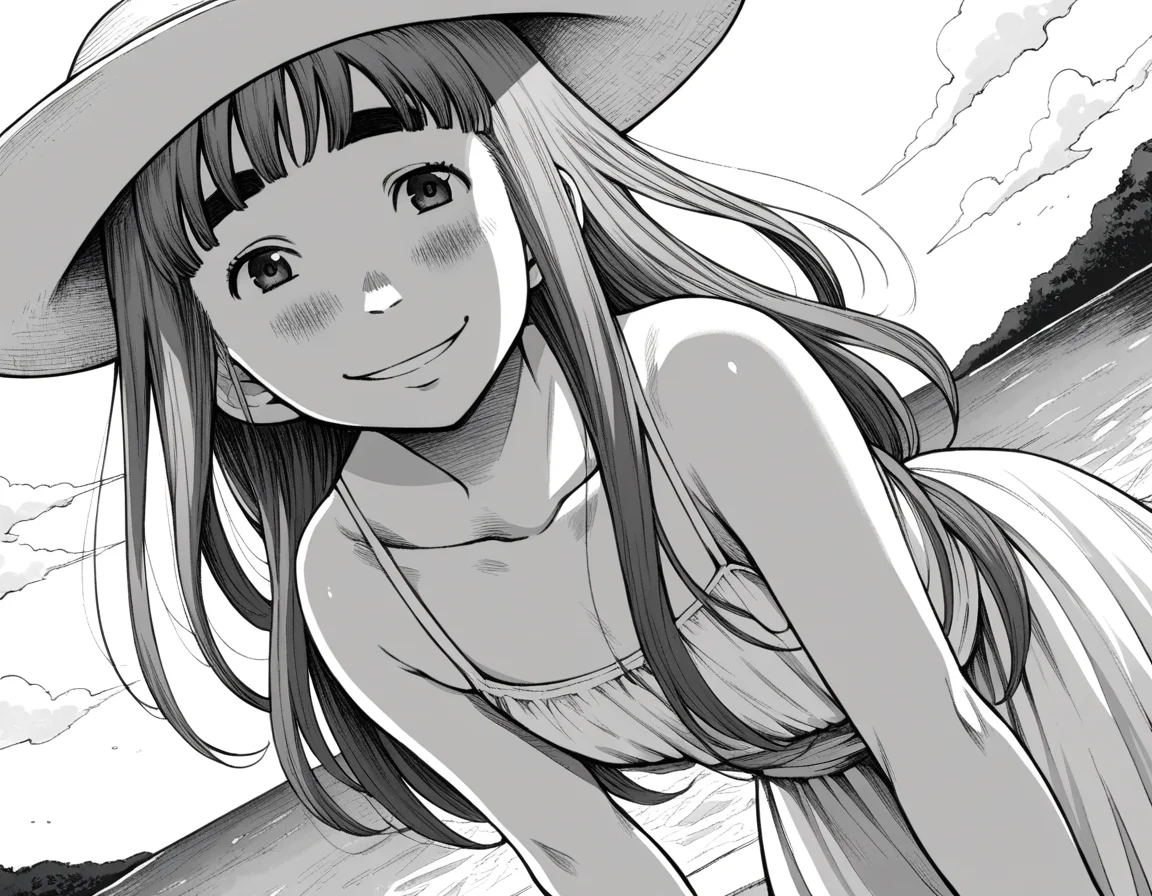 score_9, score_8_up, score_7_up, source_anime,
aikotanaka, <lora:aiko-tanaka-manga-ponyxl-lora-nochekaiser:1>,
aiko tanaka, long hair, bangs, thick eyebrows, blush, greyscale, monochrome,
dress, white dress, collarbone, bare shoulders, sundress, sun hat,
outdoors, beach, bent over, smile,
looking at viewer, cowboy shot, solo, dutch angle,