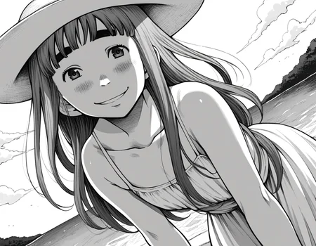 score_9, score_8_up, score_7_up, source_anime,
aikotanaka, <lora:aiko-tanaka-manga-ponyxl-lora-nochekaiser:1>,
aiko tanaka, long hair, bangs, thick eyebrows, blush, greyscale, monochrome,
dress, white dress, collarbone, bare shoulders, sundress, sun hat,
outdoors, beach, bent over, smile,
looking at viewer, cowboy shot, solo, dutch angle,