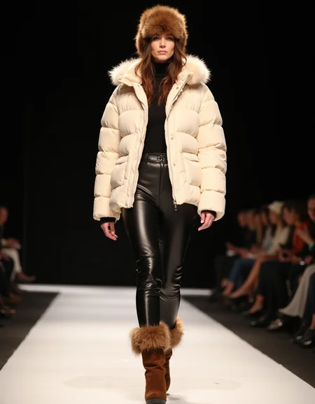 fashion catwalk, lighting, photo, HD, 4k, full body,
Women wearing puffy and furry cream colored natural jacket, black leather pants, brown fur boots, fur hat,
<lora:iphone-dev-7:1> iphone photo