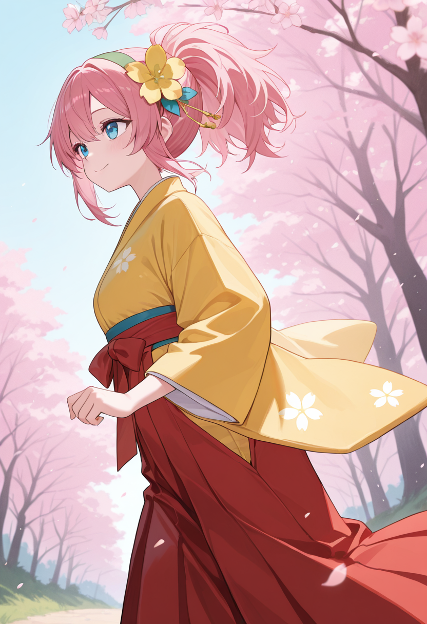 1girl,solo,<lora:sigsigil:0.9>,sigsig,blue eyes,pink hair,hair ornament,hair flower,yellow flower,ponytail,green hairband,yellow kimono,long sleeves,red hakama,hakama skirt,wide sleeves,japanese clothes,long skirt,from_side,cowboy_shot,smile,running,cherry_blossoms,masterpiece,best quality,good quality,newest,incredibly absurdres,looking_away,looking_ahead,looking_afar,nature,from_below,plateau,